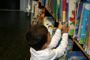 at the library: a little boy picking a book at the library
