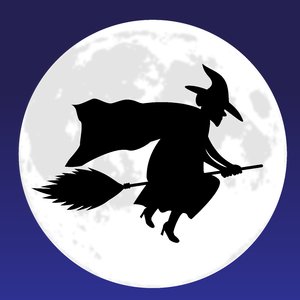 Witch Moon Blue: Witch on broom silhouetted against a full moon.