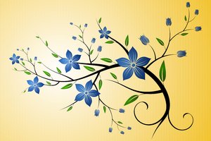 Blue Floral Sprig: Floral sprig on a yellow background