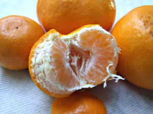 mandarins: several mandarins, one peeled and halved - open