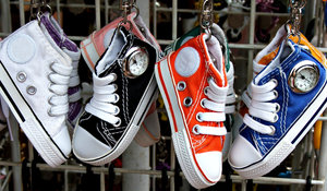 timely shoes: miniature sneakers with small clocks - time pieces - key rings