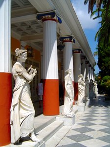 Greek Columns: red-white-blue greek columns and statues in achilleion palace, corfu