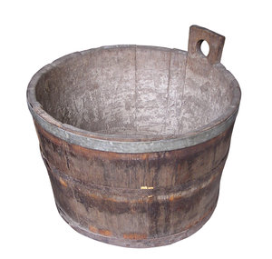 Wooden basket: A basket made of wood. It might be an old bathtube.