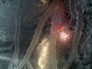 Jack Frost Was Here: This is a shot of my back door after we had left the storm door open all day durning Christmas day. When we finally closed it we found this nice display of frost. Taken at night with the Christmas lights lit behind it. 