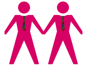Same Sex Couple - Male 2: Gay male couple in pink with rainbow ties.